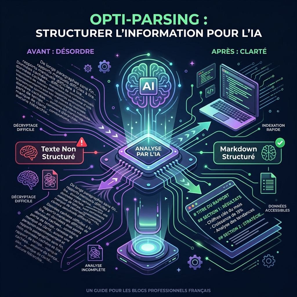 Comparaison entre un texte brut non structuré et un document Markdown structuré